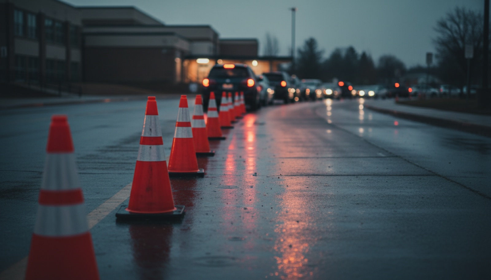 A coned pickup lane at dusk, cars waiting with brake lights on