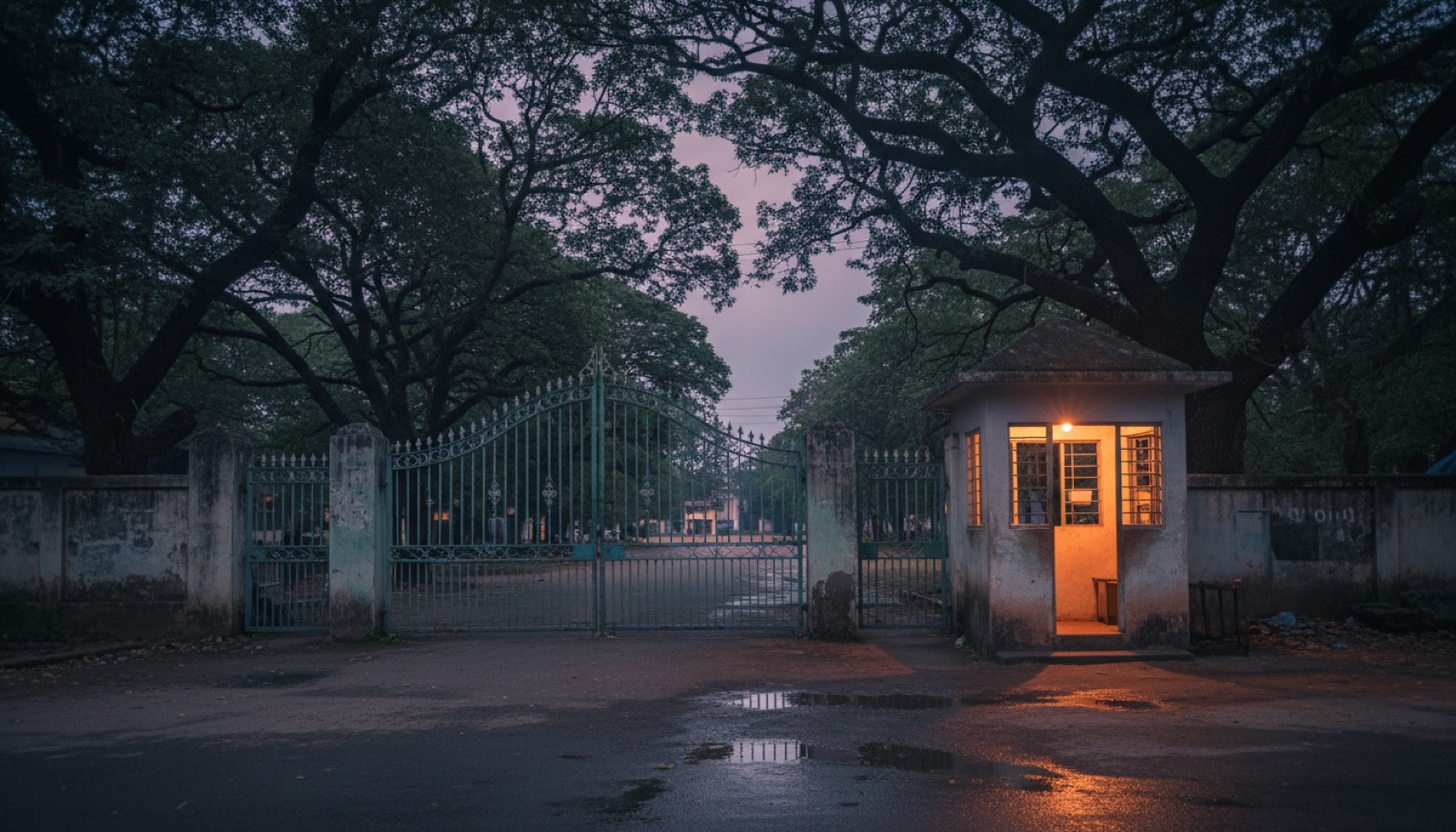 An Indian school gate at dusk, guard booth lit beside it