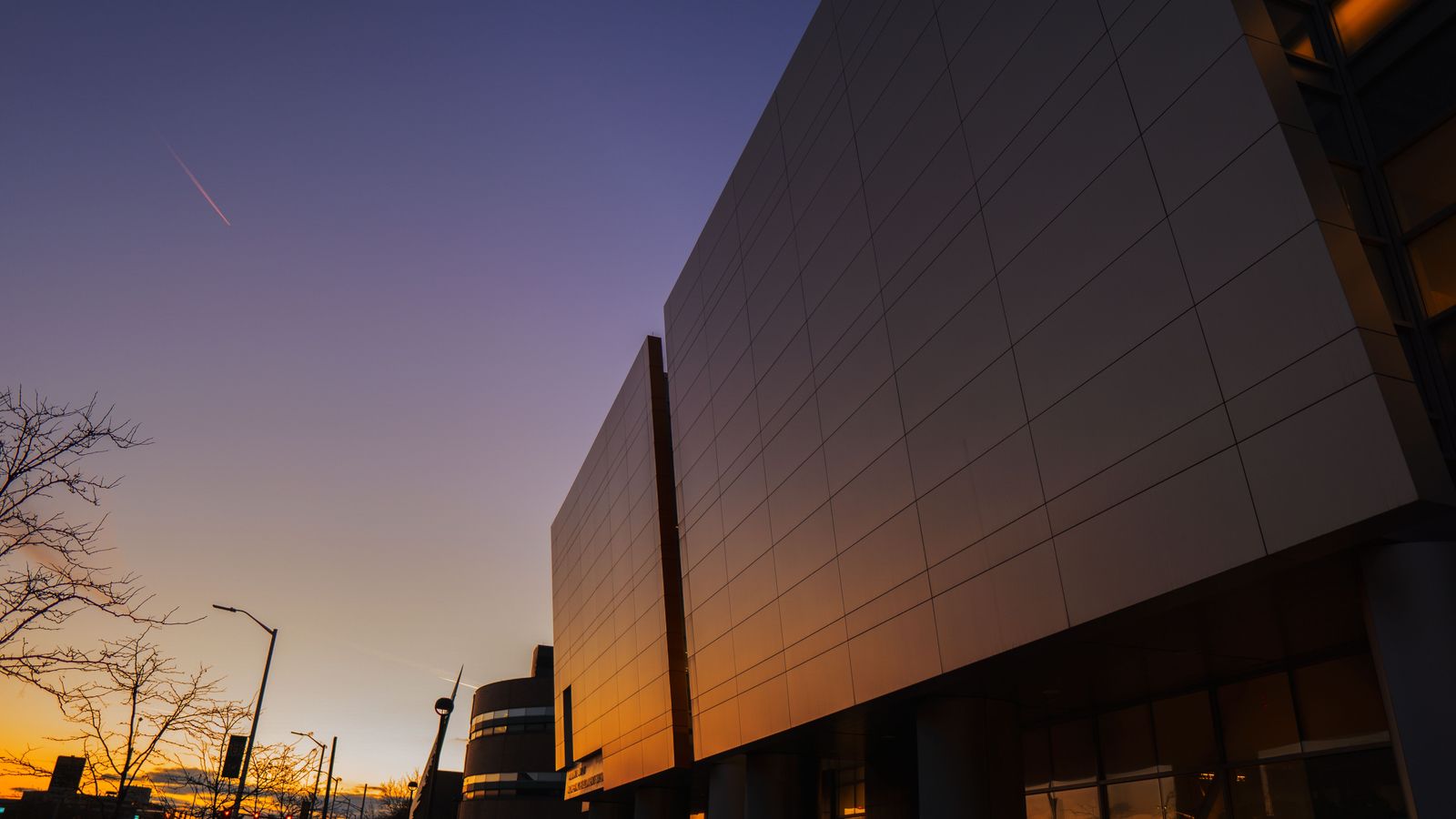An office campus at dusk