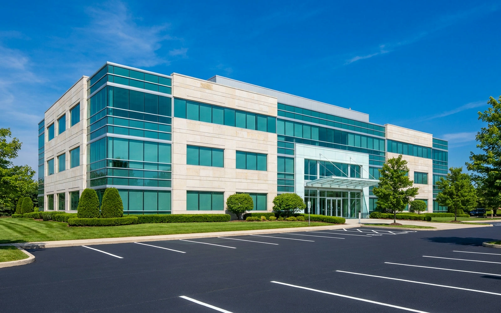 A modern suburban office building above its parking lot